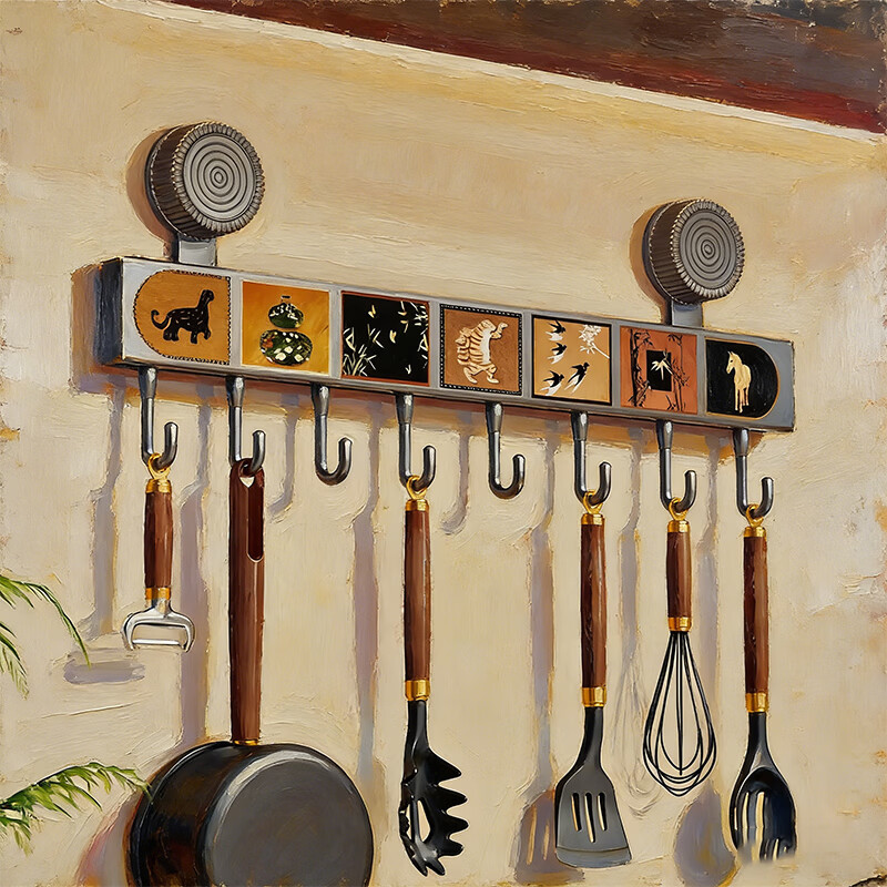 尔思家厨房置物架壁挂式刀架免打孔吸盘挂钩家用铲子勺子挂架厨具收纳架 复古格韵 枪灰【8钩】