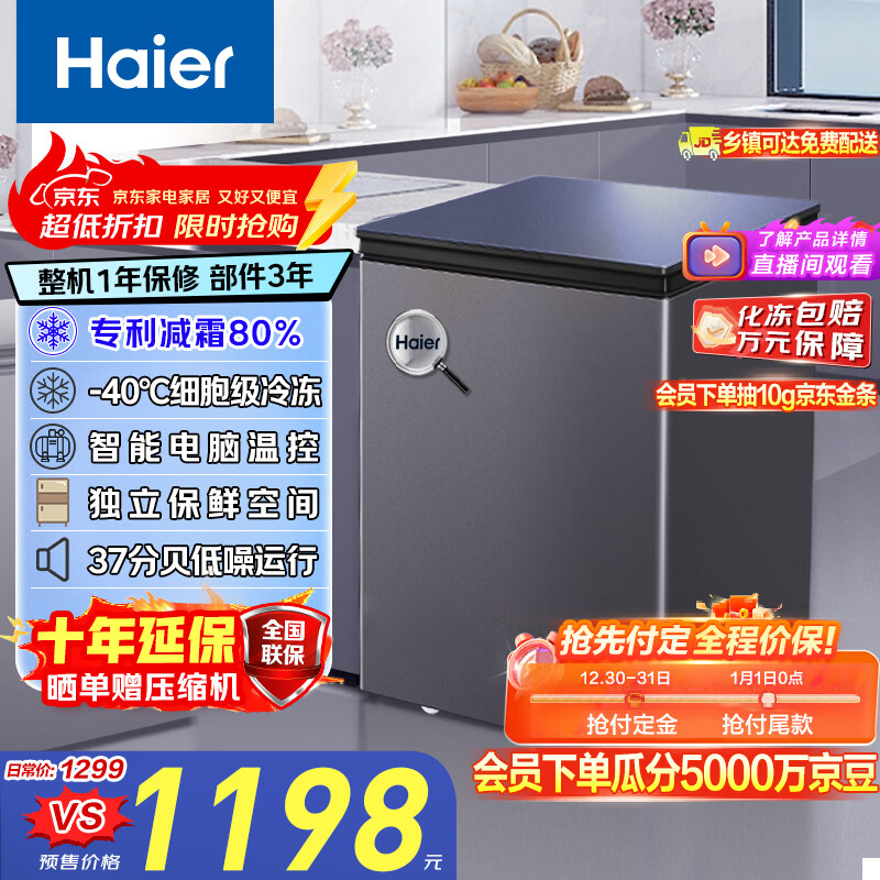 海尔（Haier）100升单温冰柜家用京东自营小冰箱小型冷柜-40度超低速冻智能电子温控BC/BD-100GHEPGD