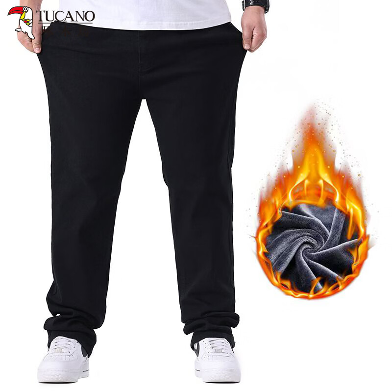 啄木鸟秋冬大码加厚牛仔裤男宽松加大加肥佬裤子男深裆运动裤胖子休闲裤 黑色 30