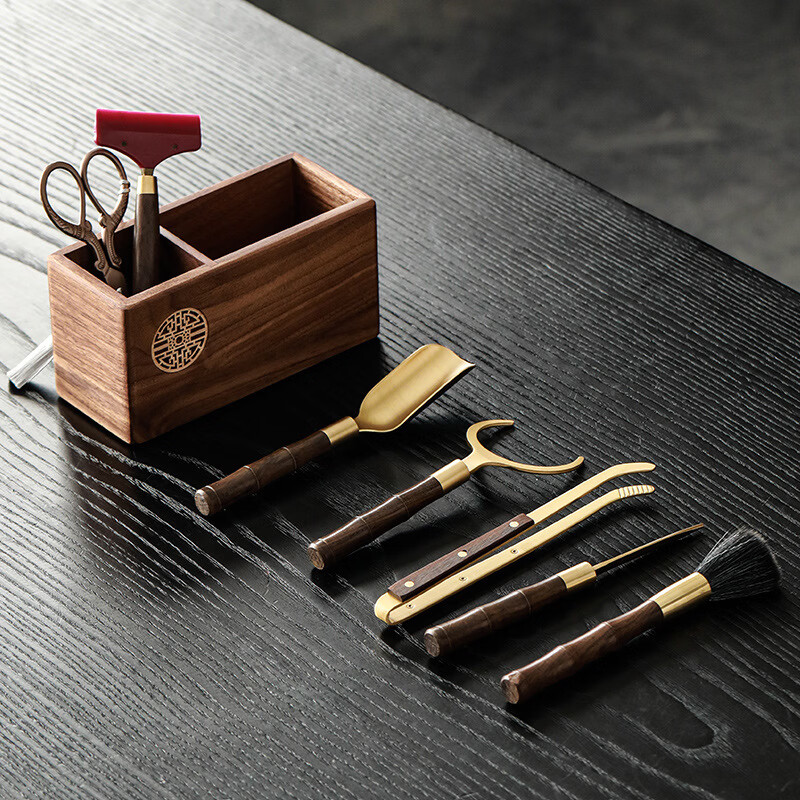 语森忆胡桃木六君子收纳桶套装茶道用品大全茶剪茶刀养壶笔家用茶具配件 双格茶道桶+黄铜竹节配件