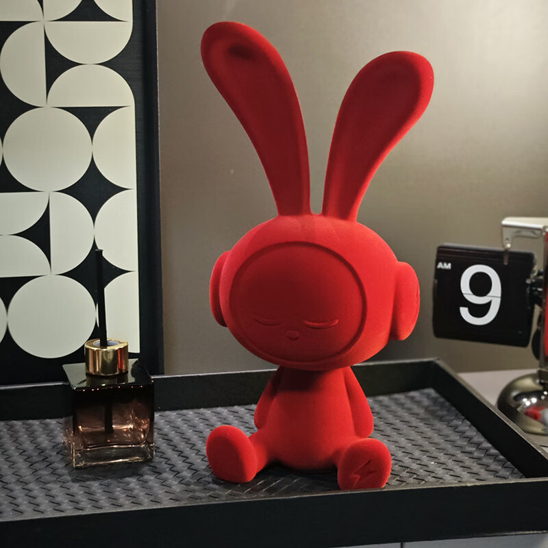 OYKTN植绒耳机兔子摆件桌摆玄关客厅动物兔子树脂植绒工艺品公仔 红色 31*16*12cm