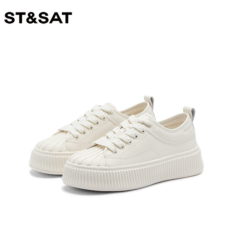 星期六厚底板鞋女款2025新款春秋百搭系带贝壳头饼干底增高休闲鞋小白鞋 米白色 35