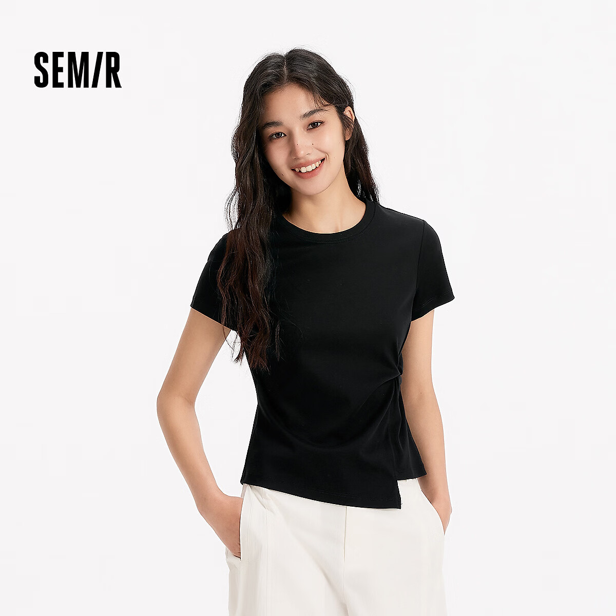 森马(Semir)森柔|森马短袖T恤女夏短款正肩纯色修身扭结不对称上衣设计感衣服 黑色90001 M /160/84A