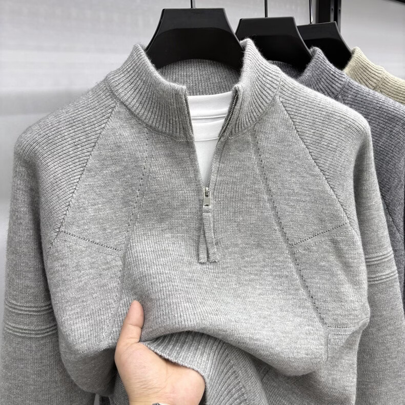 【轻奢有型】立领拉链纯色男士毛衣秋冬季复古提花百搭时尚针织衫 浅灰色 2XL [150-170斤]