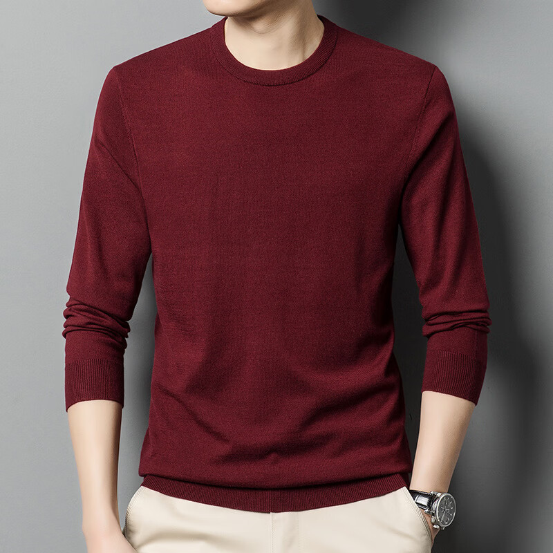 羊毛衫男秋冬新款重磅100%羊毛纯色高弹透气时尚百搭休闲毛衣男 紫酱红色 4XL