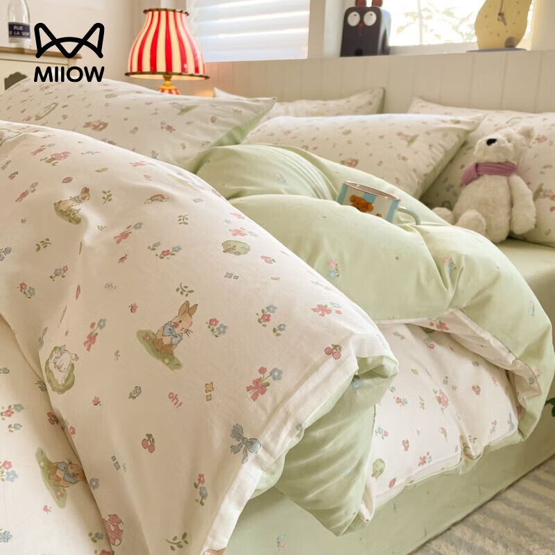 猫人（MiiOW）床上四件套纯棉全棉2025新款水洗棉床单笠被套宿舍三件套床品 蘑菇小兔【100%精梳新疆全棉 亲肤细腻】 床单款 1.8m床四件套-适合200x230cm被子