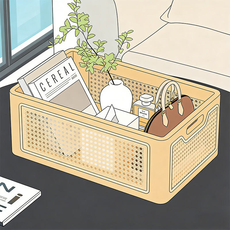 尔思家桌面收纳筐玄关摆件放钥匙零食置物架客厅高级多功能仿藤编储物筐 原木色小号【进口实木】