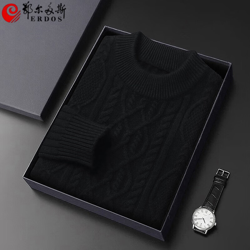 ERDOS鄂爾多斯2025新款山羊絨衫男士羊絨衫半高領冬季加厚毛衣 黑色 M 165