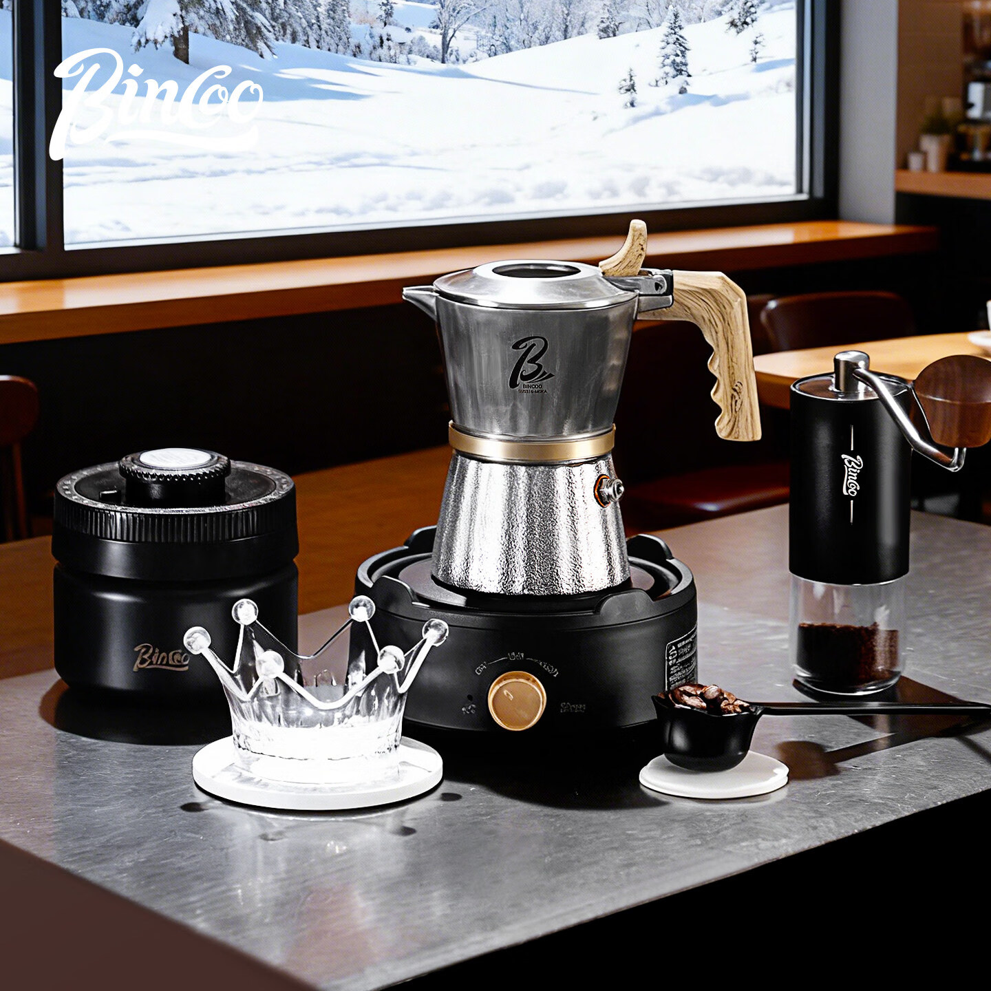 Bincoo三阀316不锈钢摩卡壶礼盒套装结婚生日送礼甄选 B款银色八件套【钢芯】-电陶炉版