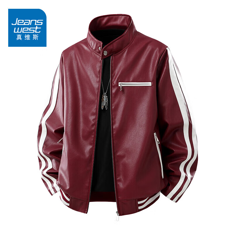 真维斯（Jeanswest）美式复古机车风皮衣男2026秋季立领飞行夹克外套 酒红 2XL