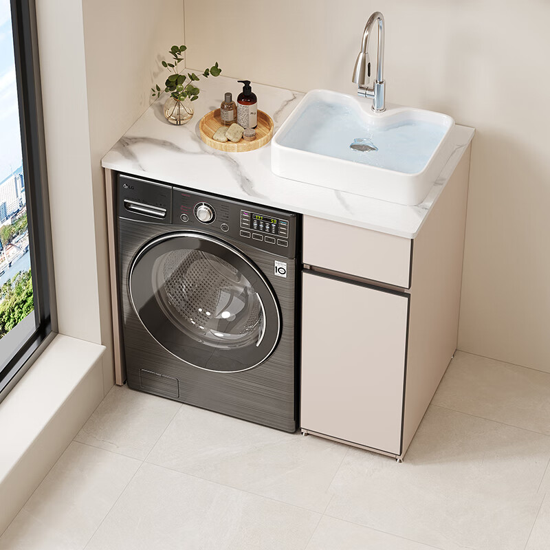 佳恋雅（JIALIANYA）阳台洗衣柜岩板陶瓷一体台上盆滚筒洗衣机伴侣组合定制收纳置物柜 95右-岩板陶瓷台上盆