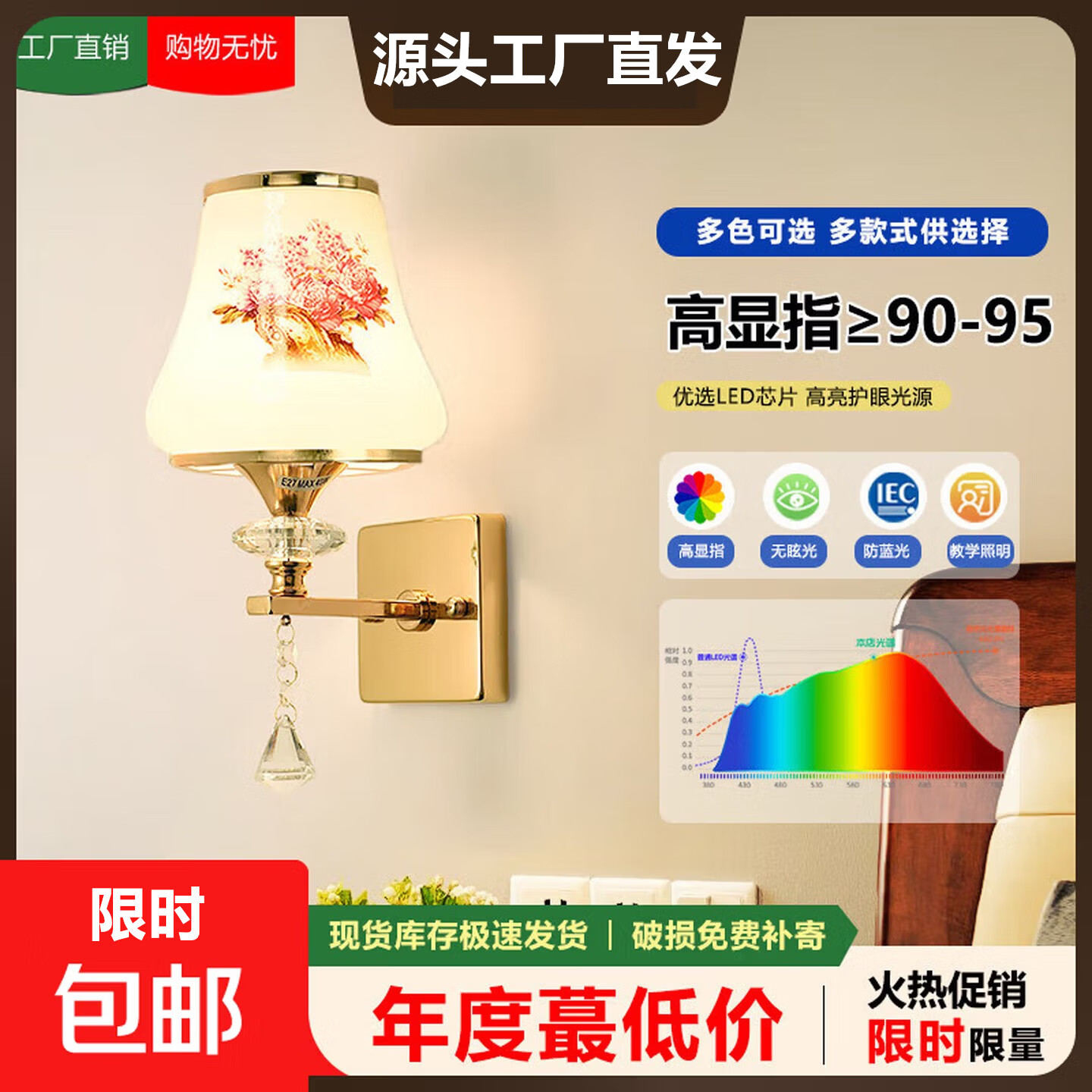 爆款三头欧式客厅背景墙上床头壁灯卧室墙壁灯服装店走道楼梯灯具 C款单头水晶壁灯卧室2025新款现代简约床头灯饰