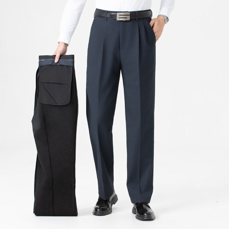 LILANG利郎羊毛西裤男高腰宽松直筒商务休闲加绒防盗口袋中老年裤 单褶蓝灰色【厚款】 常规 42 【腰围3尺2】