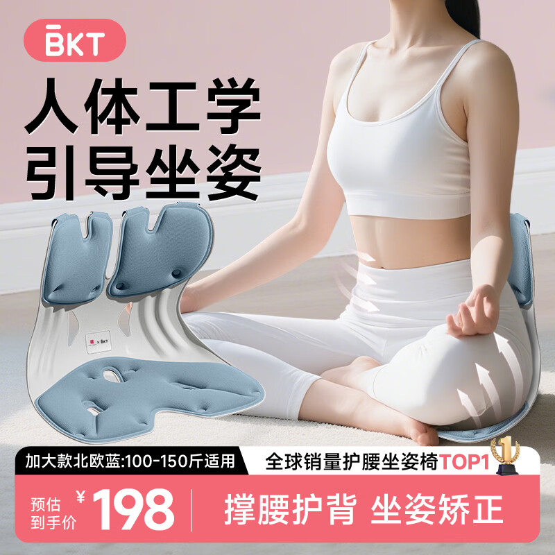 BKT护腰坐垫腰靠垫人体工学椅久坐神器办公室矫正坐姿靠背垫节日礼物 加大款-北欧蓝【150斤以内】