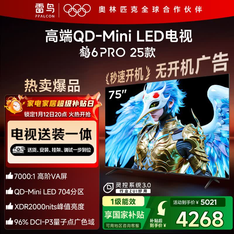 FFALCON雷鸟 【固定挂架送装一体】鹤6 PRO 25款（PLUS版） 75英寸QD-MiniLED国家补贴电视机75S595C Pro
