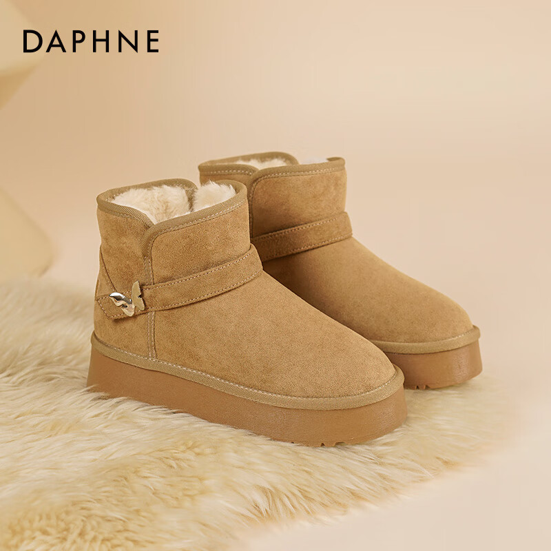 达芙妮厚底雪地靴女款2025新款冬季棉靴加绒保暖棉鞋女皮带扣加厚短靴LP 驼色 加绒 （蝴蝶结款） 36