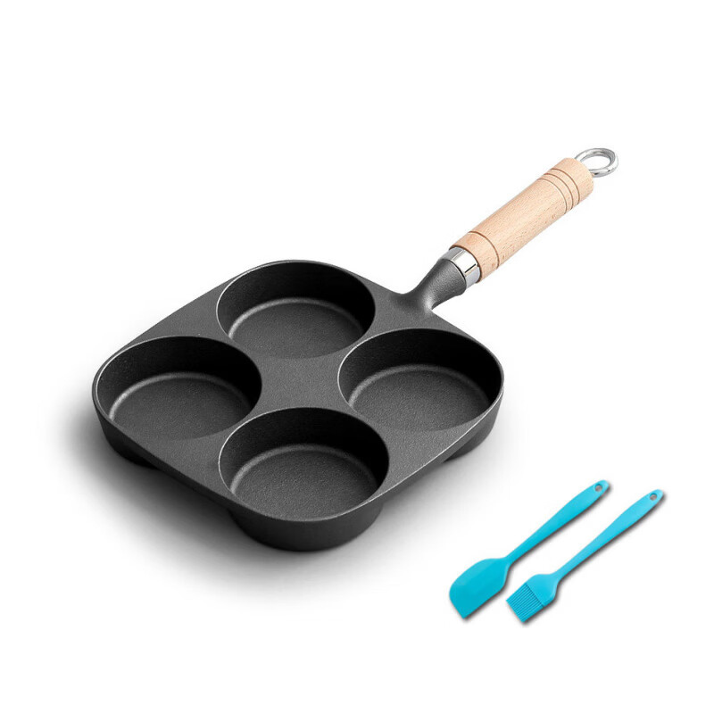 典匠鑄鐵煎蛋鍋雞蛋漢堡模具蛋餃多孔無涂層早餐小平底煎鍋不沾鍋 四孔煎鍋+矽膠小鏟+矽膠刷