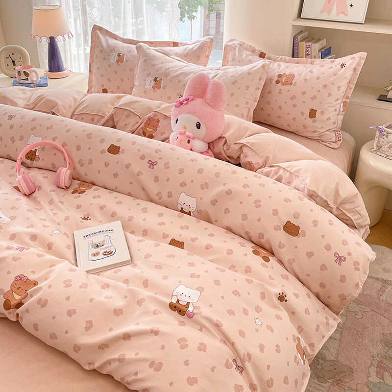 雅鹿小清新碎花四件套活性印花床单被套枕套淑女学生宿舍三件套被罩JC 甜喵语 1.2m三件套 床单款 （被套150*200cm）