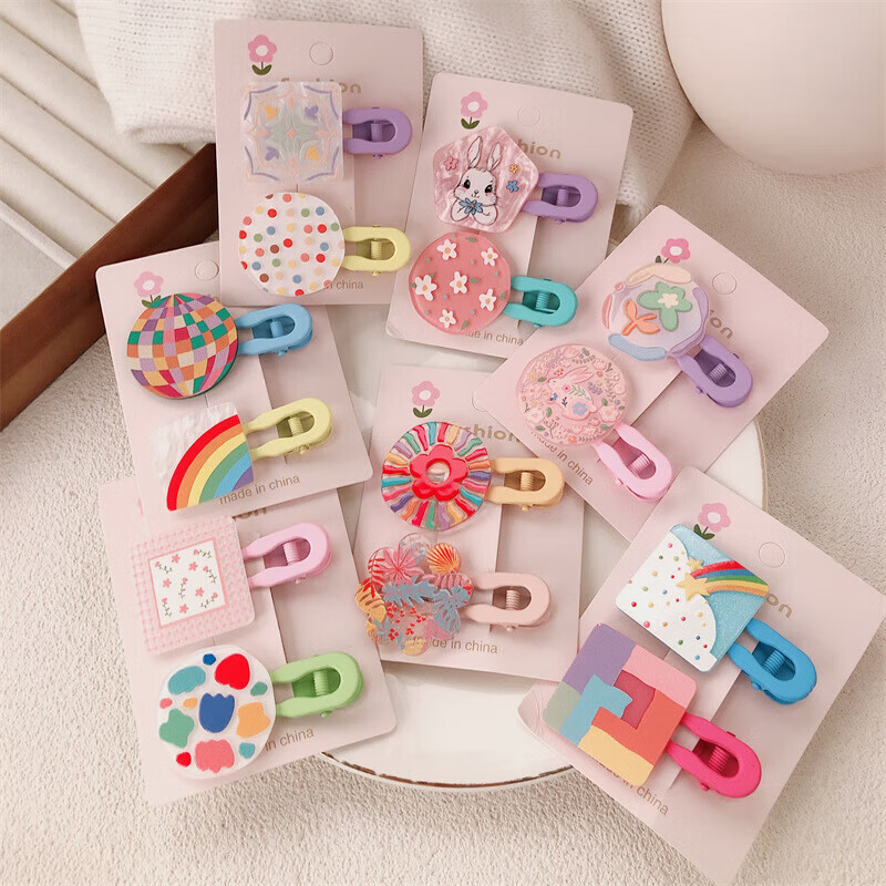 【甄选厂家】韩系儿童奶油糖果色印碎花格纹大号鸭嘴夹女童亲子喷 1 花朵兔子一对