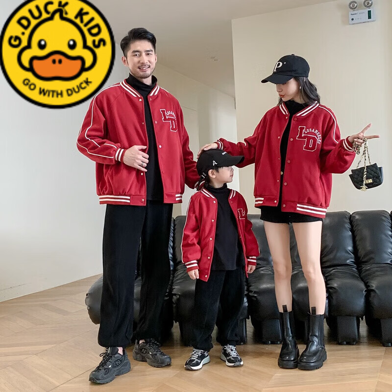G.duck高品質(zhì) 親子裝秋裝一家四口韓版母女裝棒球服洋氣大碼父子裝外套 紅色外套 80碼