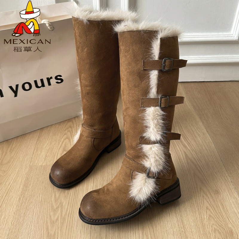 稻草人（MEXICAN）翻毛口雪地靴女长靴2026冬季新款俄式高筒皮带扣加厚绒保暖棉鞋子 焦糖色 【普通版】 35