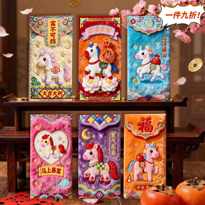 红包2026年新款新年快乐创意最新款红包5D平面仿毛绒刺绣红包 仿毛绒刺绣平面【卡通福马萌马】 5D立体+加厚【6个混装】