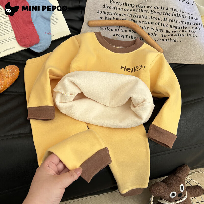 小猪班纳(PEPCO)新款儿童保暖套装男童加绒加厚秋衣秋裤冬季女童睡衣家居服两件套 KS酷森保暖套装-紫色 90 (建议身高75-85cm)