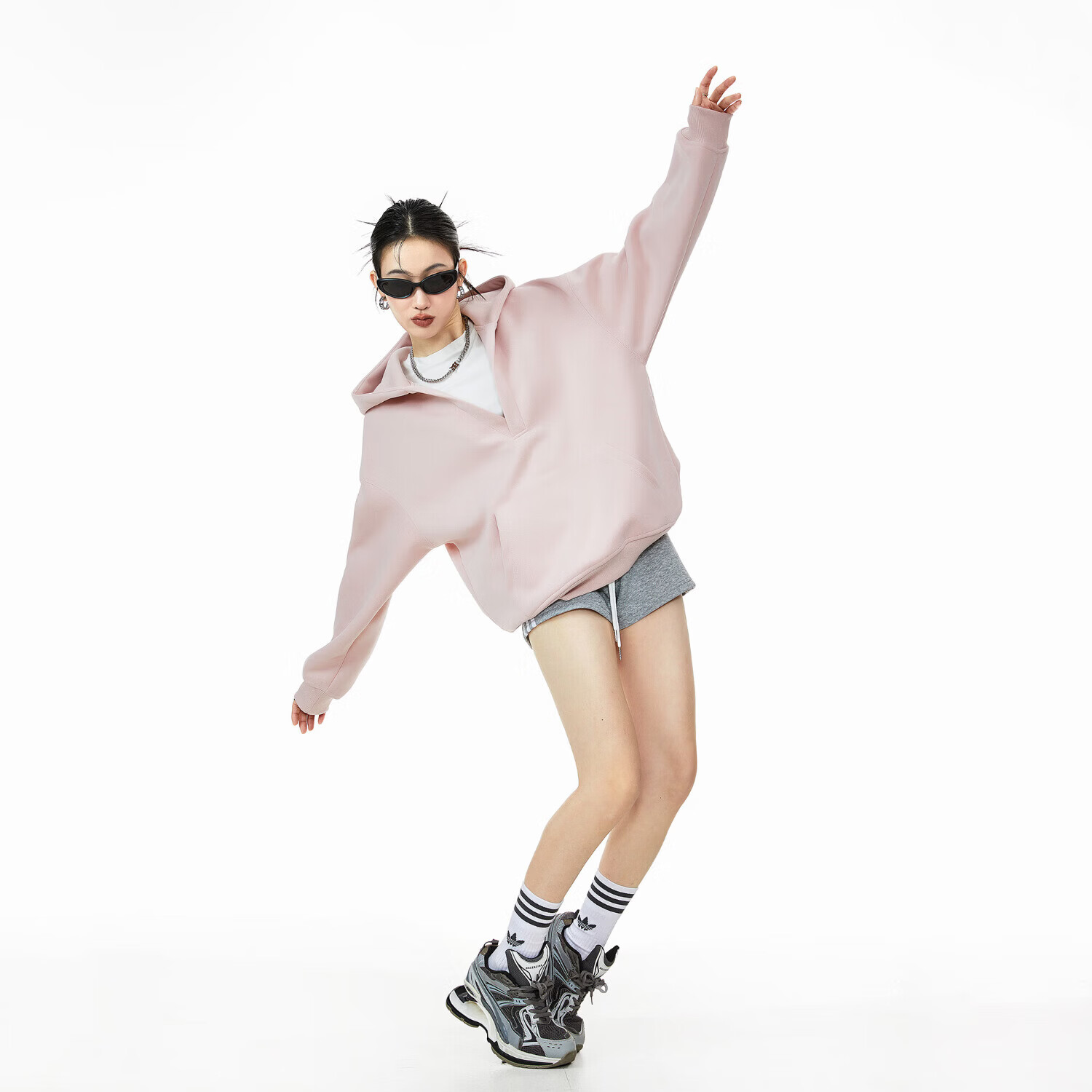 ICH MODE美式连帽V领卫衣女2026新春款百搭宽松慵懒chic外套上衣淡粉色 XL