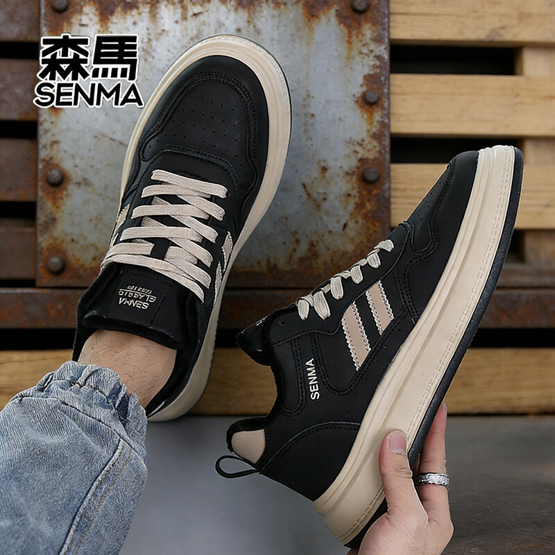 森馬秋冬新款男士休闲运动男鞋时尚潮流百搭防滑板鞋 黑色加绒 43