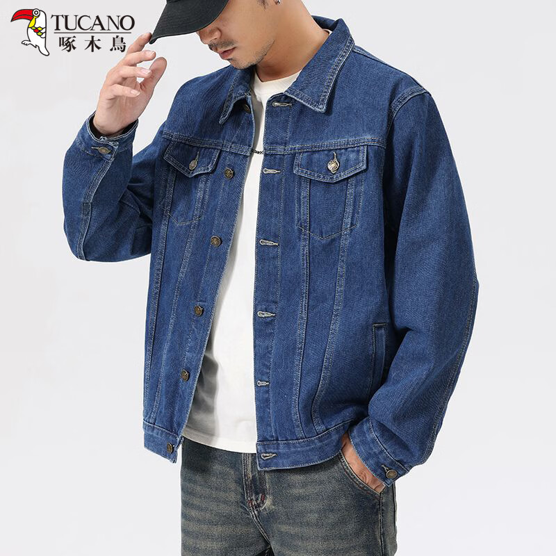啄木鸟美式休闲牛仔外套男潮流宽松加肥加大码胖子肥佬机车夹克工装上衣 蓝色 M