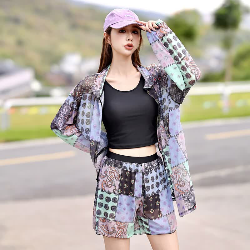 柯帛新款分体泳衣女士长袖防晒泡温泉三件套微胖遮肉海边绝美泳装 紫色三件套 2XL