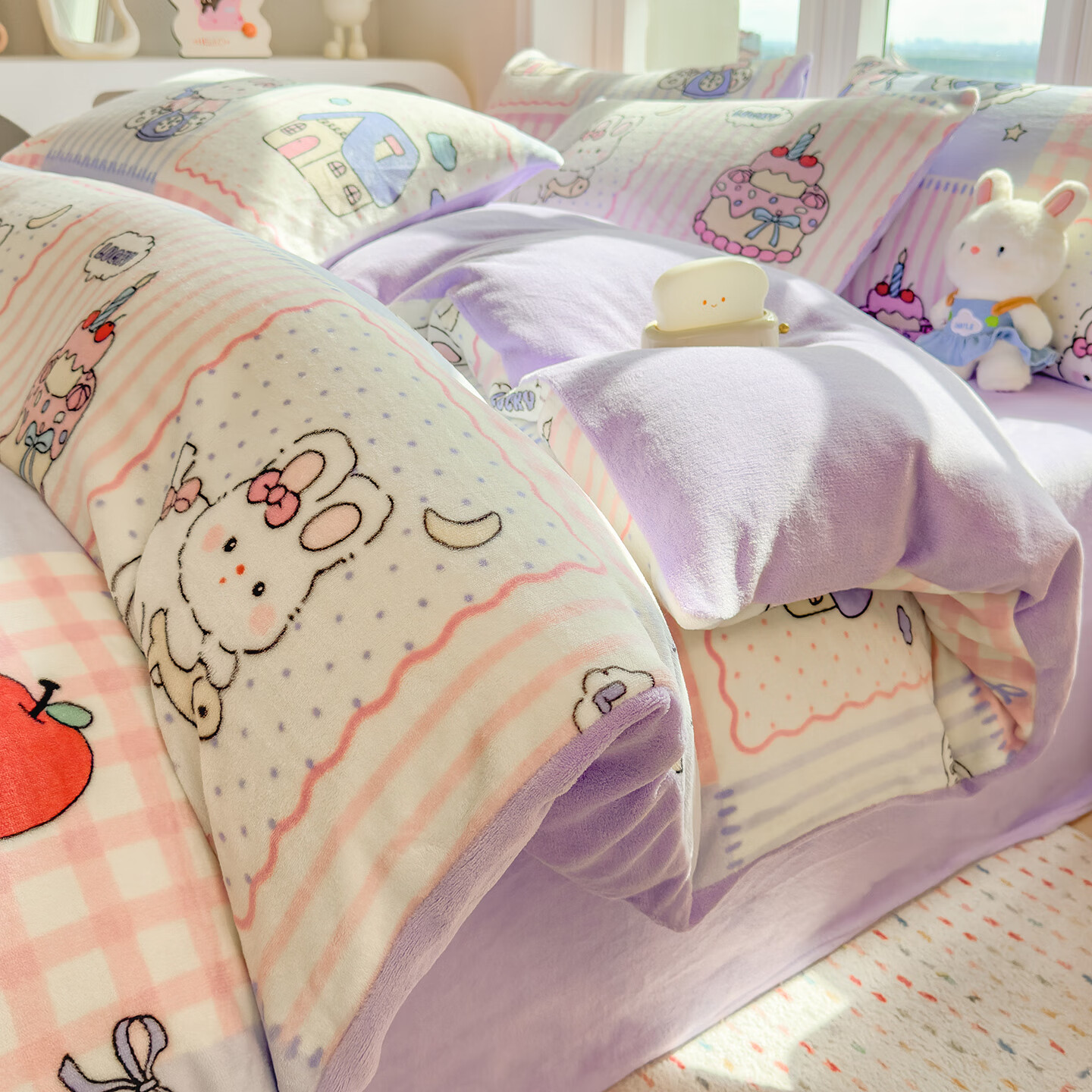 VJE秋冬加厚牛奶绒床上四件套可爱卡通加绒珊瑚绒床单被套三件套床品 萌兔小屋 四件套1.5m 床单款 （被套200*230cm）
