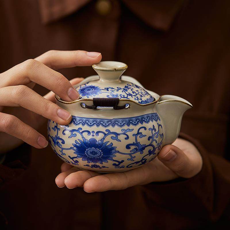 青花汝窑手抓壶盖碗茶杯大号家用防烫泡茶壶功夫茶具 （单壶）缠枝莲汝窑绑绳手抓壶 201mL(含)-300mL(含)