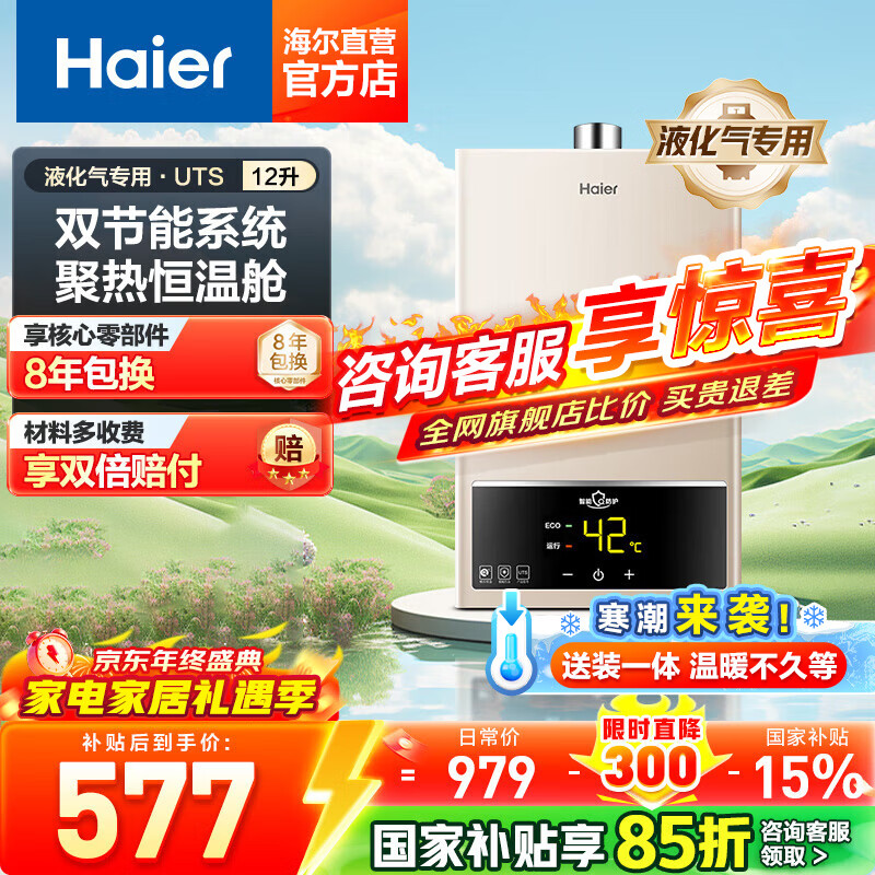海尔（Haier）12升液化气热水器燃气变频智能恒温家用ECO节能40%小尺寸即热强排式水气双调低压启动大屏防冻UTS 12L 【UTS】液化气【一厨一卫】 12升