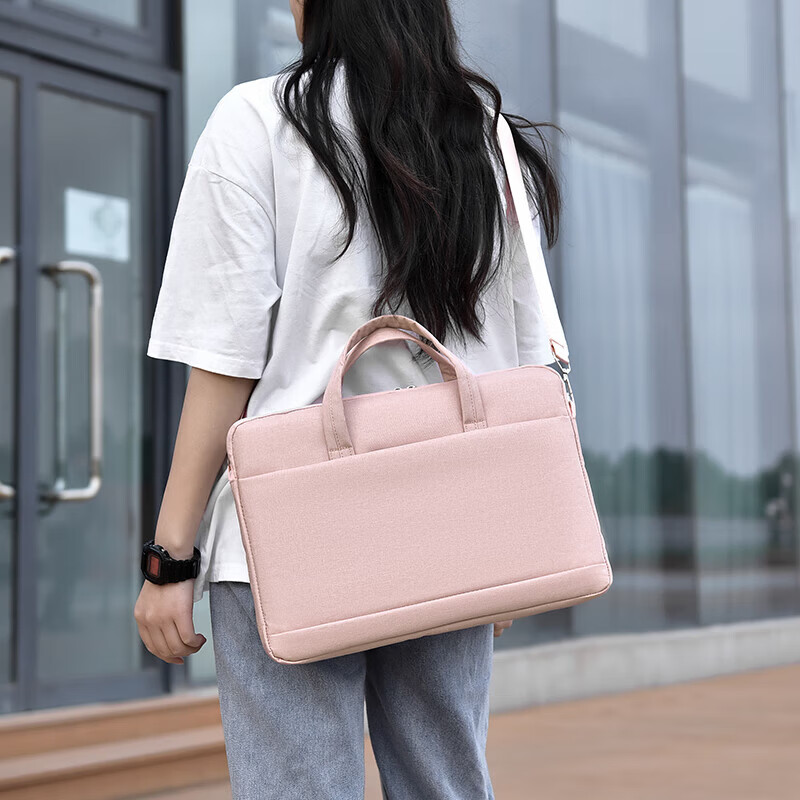新款时尚笔记本电脑包手提包男女商务公文包单肩包斜跨包通勤出差 小号粉色