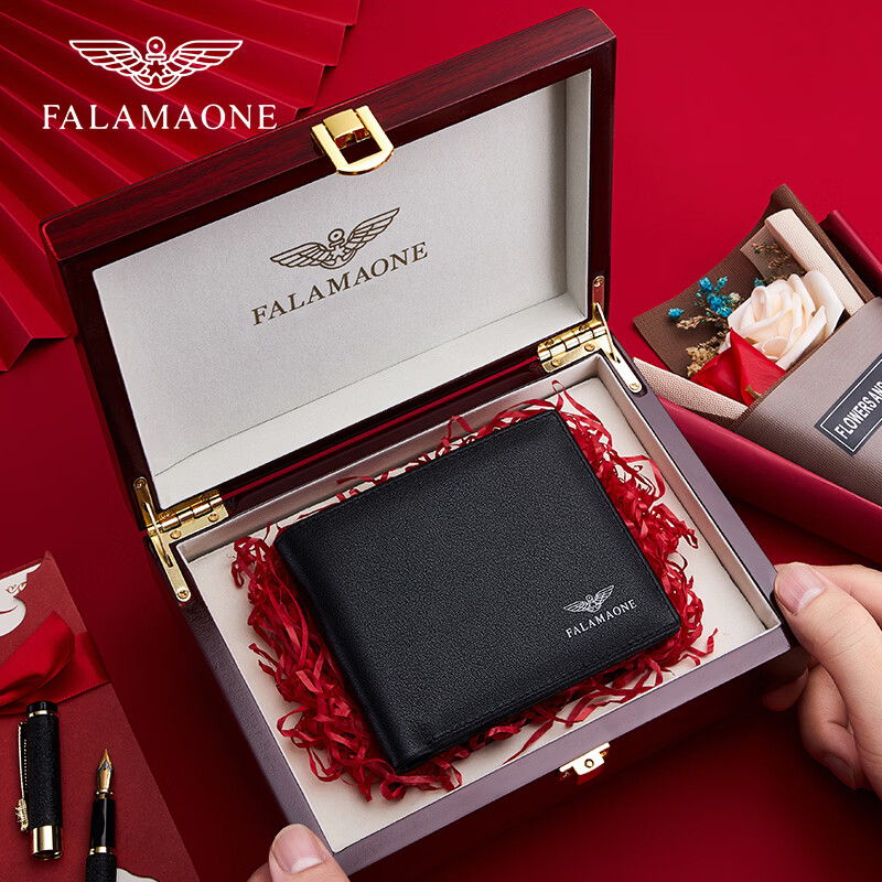 FALAMAONE法莱阿玛尼短款男士钱包真皮商务头层牛皮情人节礼物送男朋友老公 钱包皮带套装二【实木礼盒】 代写贺卡打印照片联系客服