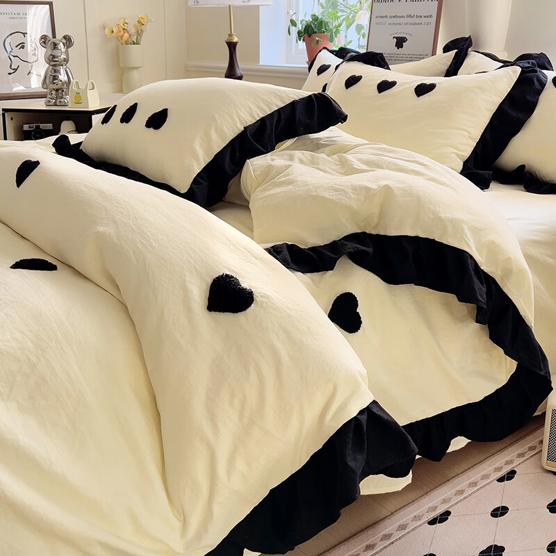 VJE韩式小香风床上四件套云朵棉毛巾绣床单被套学生宿舍三件套床品 小香风爱心-奶黄 三件套1.2m 床单款 （被套150*200cm）