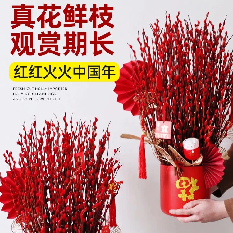 爱你一万年银柳真花鲜枝客厅摆件年宵花红色干花枝条室内真花福桶秋冬新年花 银柳45cm30支（福桶12口径+4灯笼+10挂件