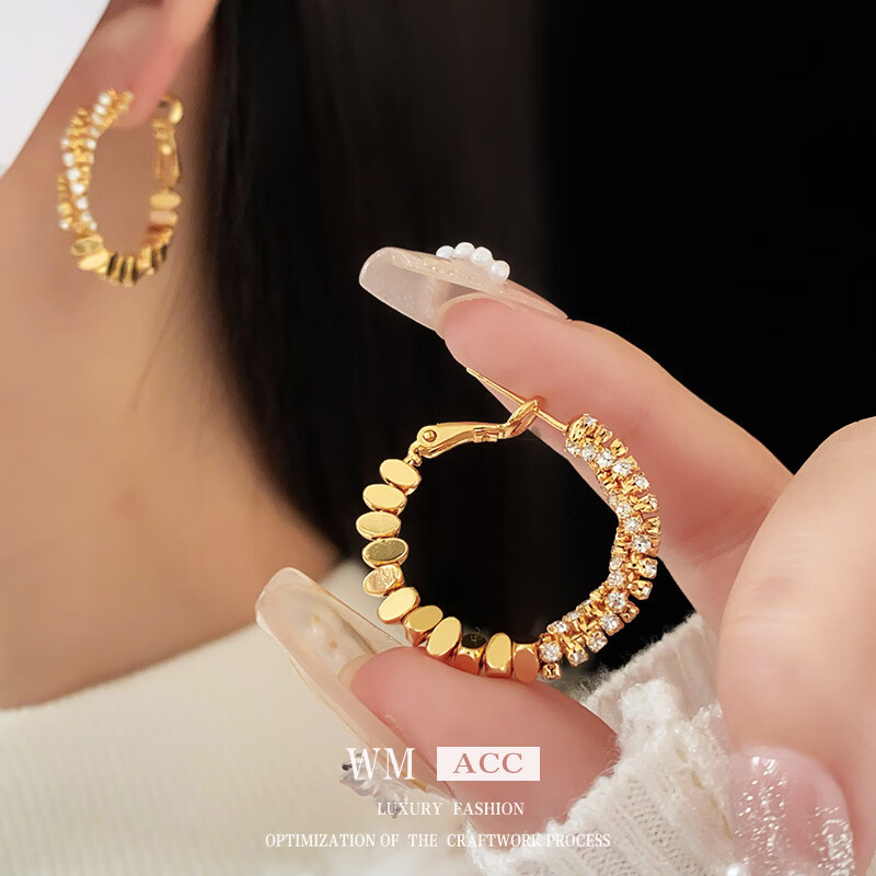 银针锆石拼接椭圆金属耳环冷淡风个性耳钉百搭时尚耳饰 银针-银色圆形