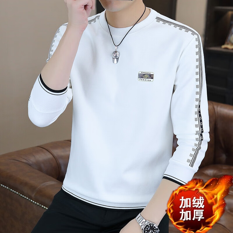 【轻奢】欧版秋冬款长袖打底套头时尚休闲百搭男士圆领卫衣宽松F 白色加绒加厚 M 【建议90-110斤】