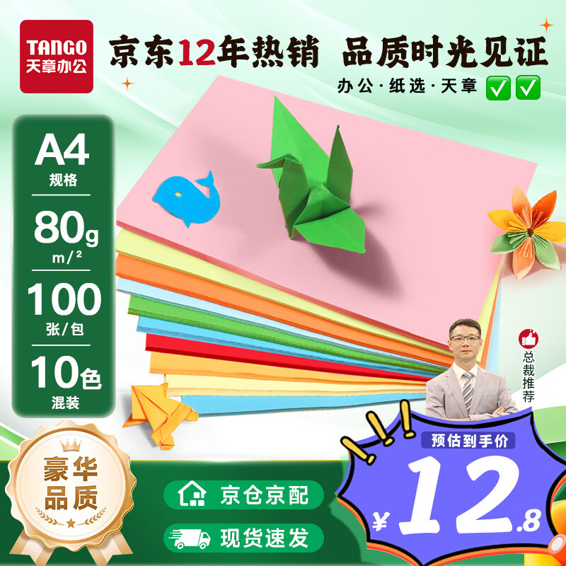 天章 （TANGO）A4 80g10色混装复印纸 彩色打印纸分隔页 多色软卡纸 学生手工DIY折纸剪纸彩纸 非硬卡纸 100张/包