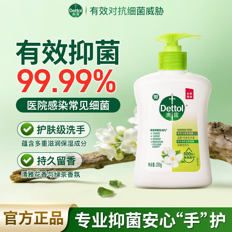 滴露抑菌洗手液茉莉绿茶香儿童抑菌消毒家用保湿洗手液持久留香家庭装 抑菌洗手液250g【茉莉与绿茶清香】