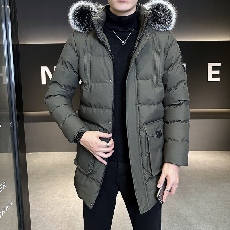 MOJY大码棉衣男可拆卸毛领棉服宽松外套立领棉袄加厚多口袋工装上衣 绿色, M