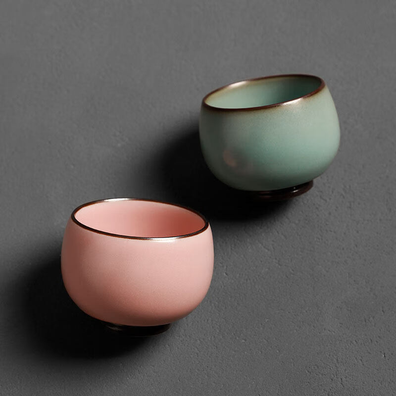 汝窑茶杯功夫茶具情侣对杯禅定主人杯男女 镶龙汝窑禅定杯(粉色)+布袋 200mL以下