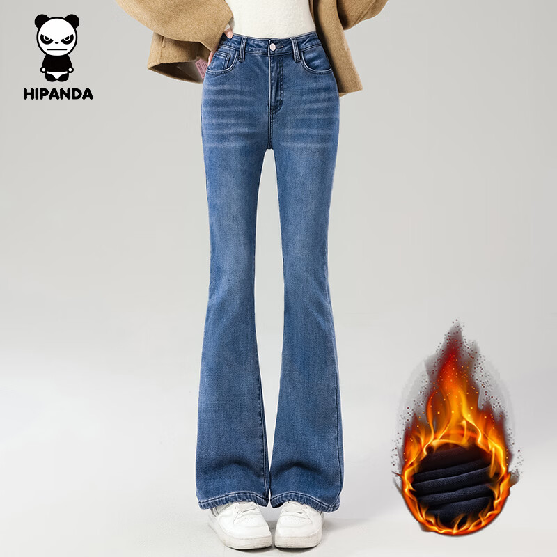 HIPANDA你好熊猫牛仔裤女2025冬季新款加绒休闲高腰紧身微喇显瘦长裤子女 复古蓝-加绒 L
