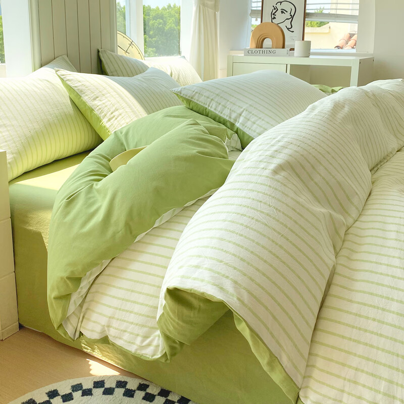 ROLAND LIVE全棉色织AB版水洗棉四件套纯棉简约高级被套床单学生宿舍三件套 CW 色织水洗棉套件-青禾 1.2米床 床单款 【被套150*200cm】