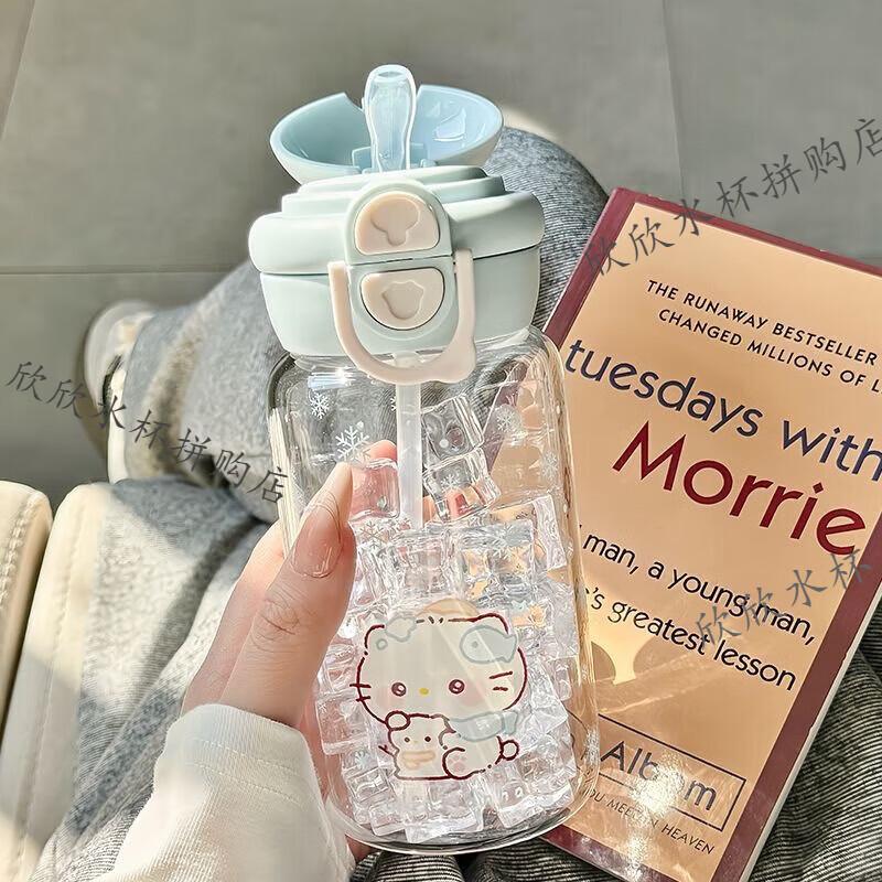 儿童水杯塑料实用卡通可爱双饮口女高颜值耐摔便携家用男吸管学生 白色点点 500ml 【PC材质】耐高温