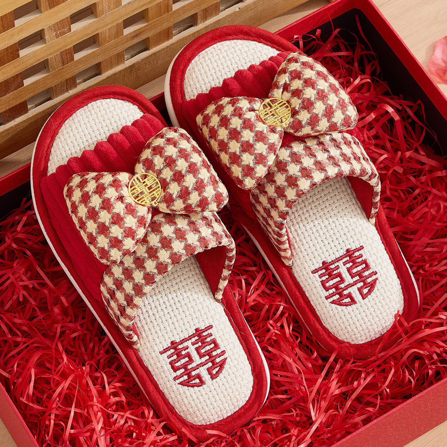 FZT红色亚麻拖鞋女结婚一对喜庆新婚新娘陪嫁高级晨袍棉布拖鞋男四季 红色蝴蝶结 36-37 正码