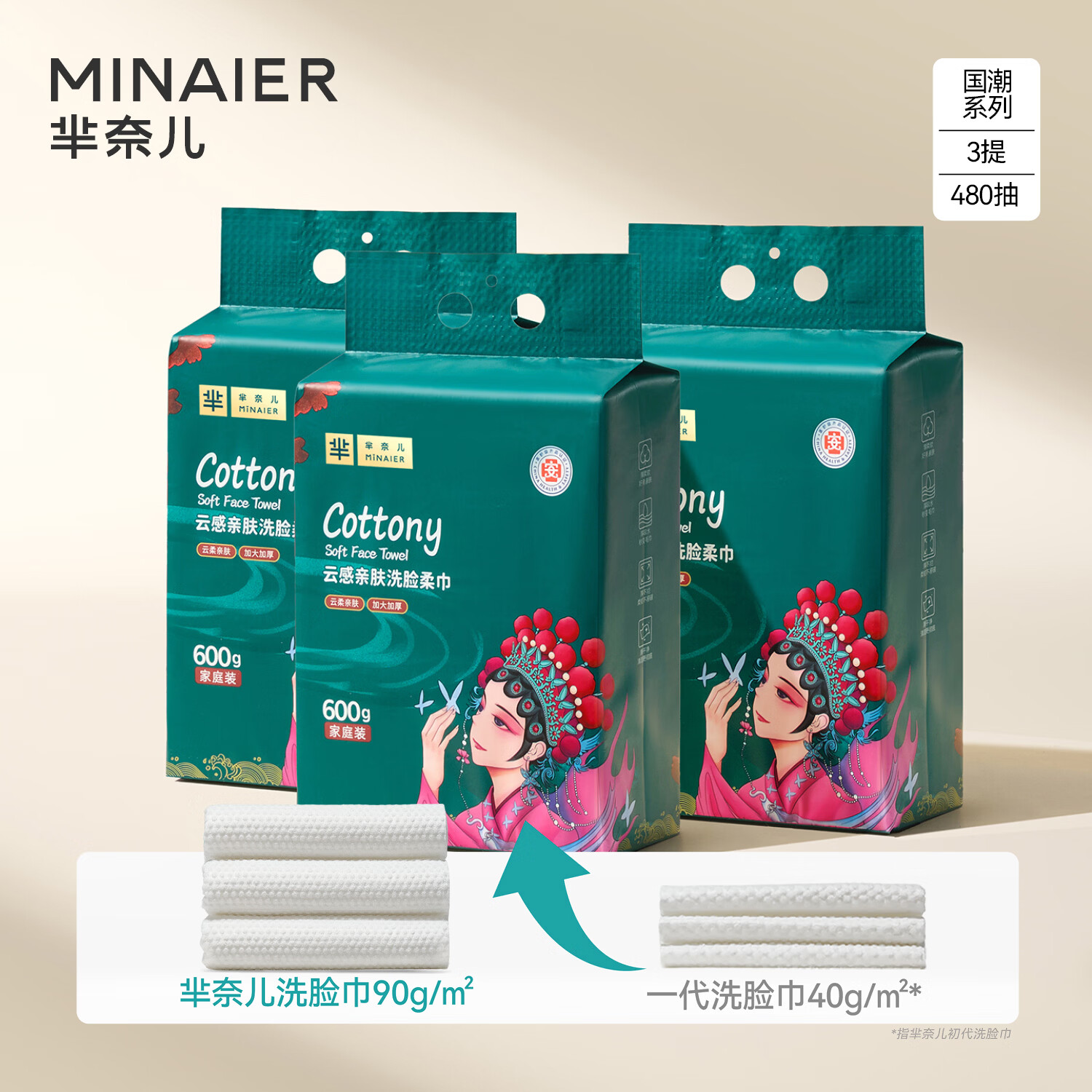 芈奈儿一次性洗脸巾壁挂式国潮系列加厚绵柔巾母婴可用卸妆洗面洁面巾 3提*【加厚90g/㎡】共1800g