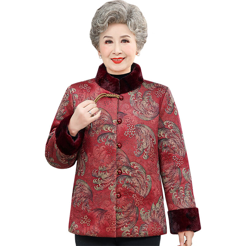 兰铂丽斯老年人冬装棉衣女奶奶加绒加厚唐装棉袄7080岁老太太衣服妈妈棉服 红色加绒上衣 4XL 建议130-145斤穿